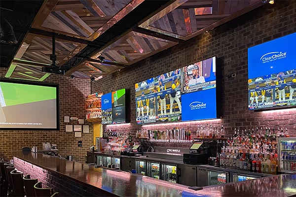 View of the TV wall at The Whistle Sports Bar & Grill in Chicago